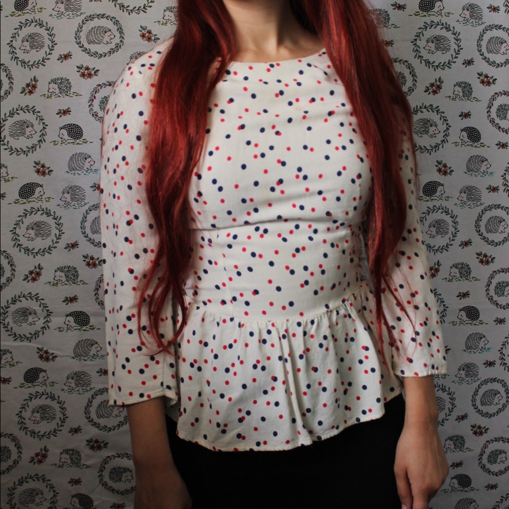 Red and blue polka dot top